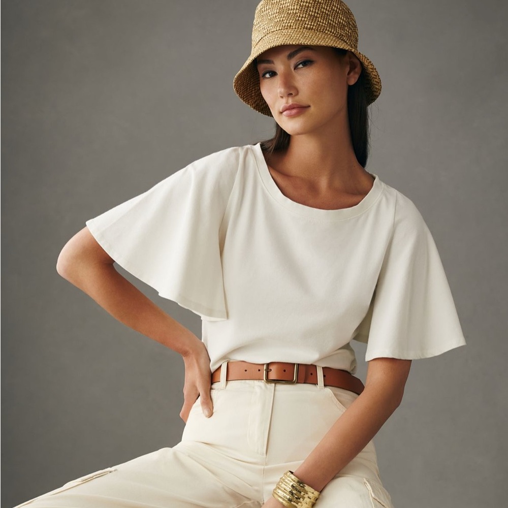 Anthropologie Maeve Structured Flutter-Sleeve Tee White Small